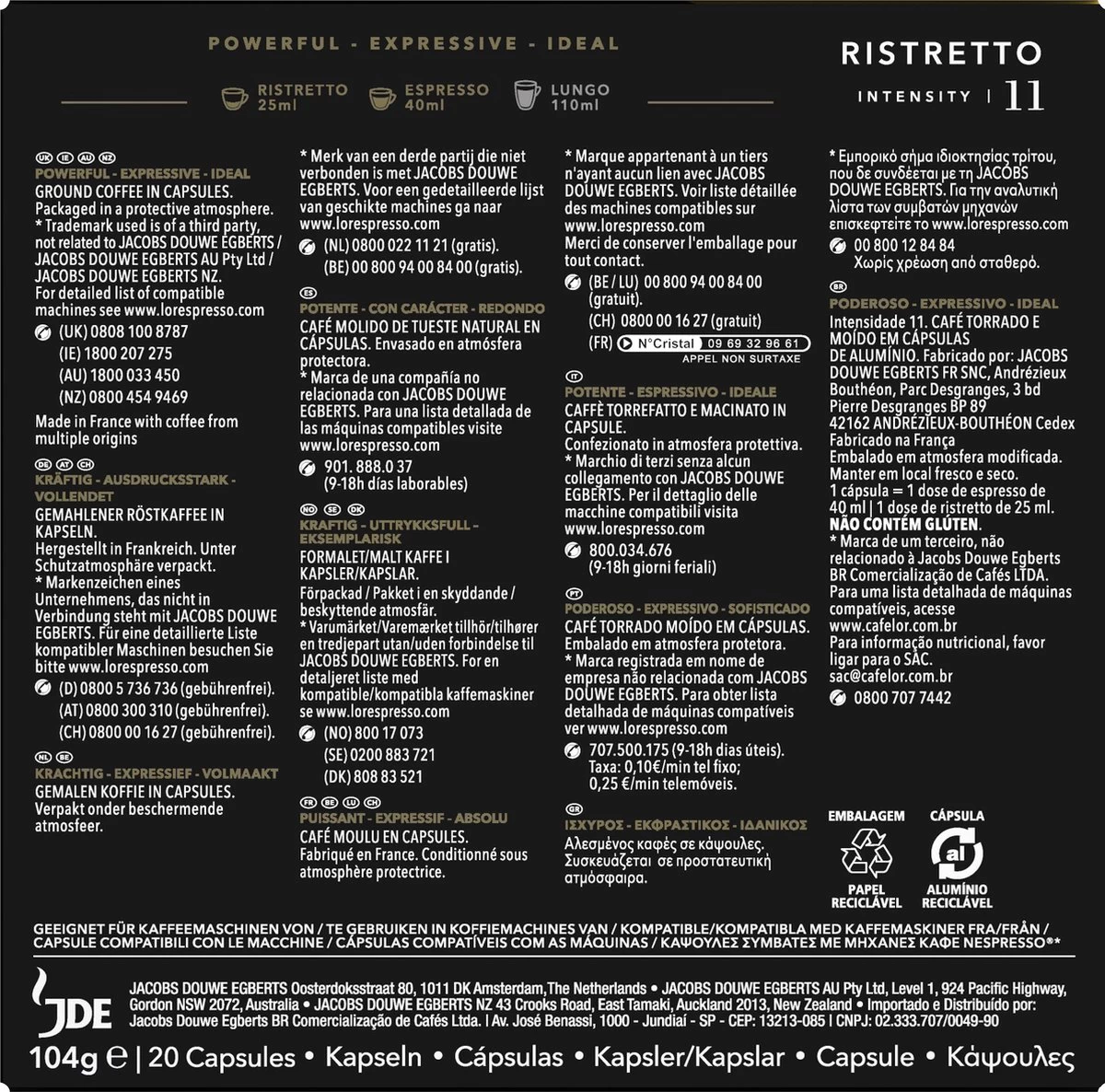 L'OR Espresso Ristretto Koffiecups - Intensiteit 11/12 - 10 X 20 Capsules - Afbeelding 3