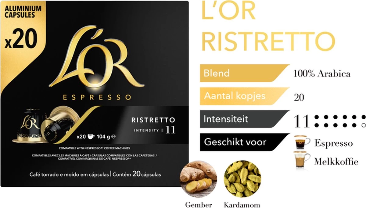 L'OR Espresso Ristretto Koffiecups - Intensiteit 11/12 - 10 X 20 Capsules - Afbeelding 6