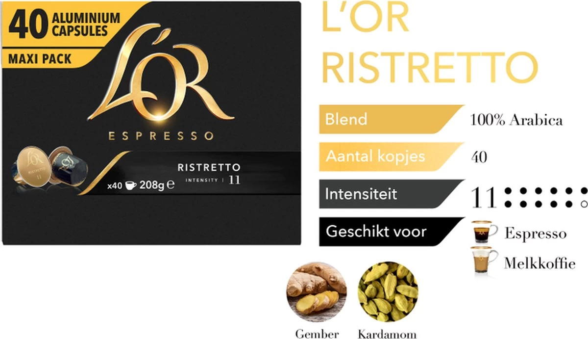 L'OR Espresso Ristretto Koffiecups - Intensiteit 11/12 - 4 X 40 Capsules - Afbeelding 5