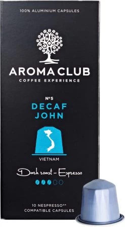 Aroma Club - Nespresso Compatible Capsules (120 St.) - No. 5 Decaf John - Intensiteit 3/5 - Decaf - 100% Aluminium Koffiecups